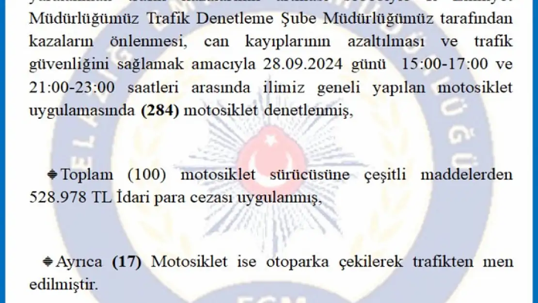 Elazığ'da emniyetinden motosikletlilere sıkı denetim