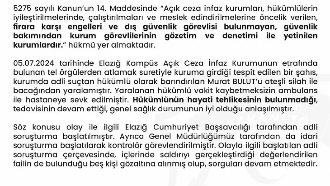 Elazığ Kampüs Açık Ceza İnfaz Kurumu ile ilgili iddialara ilişkin basın açıklaması